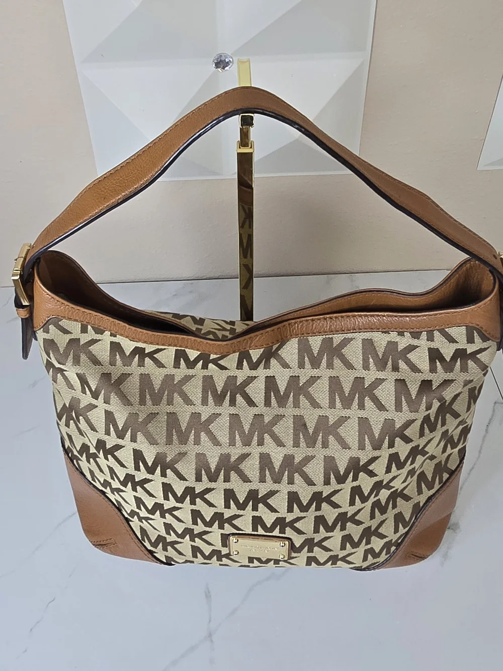Michael Kors Large Logo Jacquard Hobo Shoulder Bag Tan Brown MK Monogram